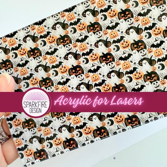 Halloween Bats and Pumpkins Patterned Cast Acrylic, Flex and Wood for Lasers