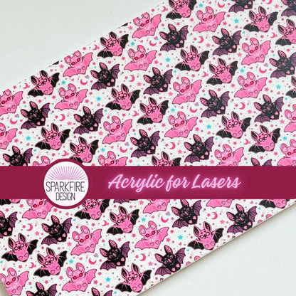 Halloween Pink and Black Bats Patterned Cast Acrylic, Flex and Wood for Lasers