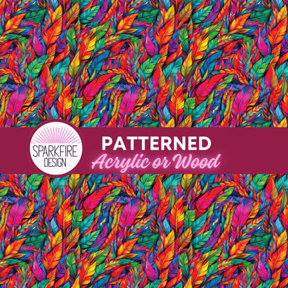Rainbow Feathers Patterned Cast Acrylic, Flex and Wood for Lasers