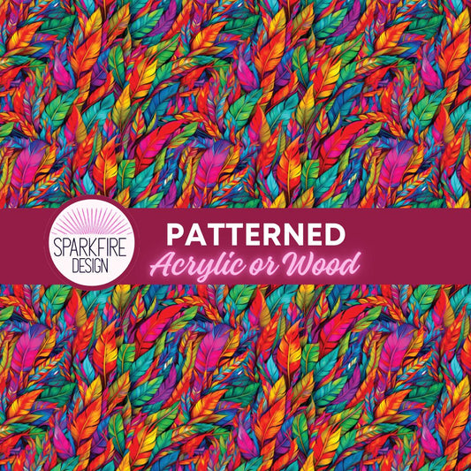 Rainbow Feathers Patterned Cast Acrylic, Flex and Wood for Lasers