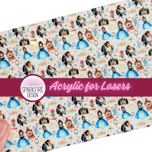 Patterned Acrylic Sheet – Beauty and the Beast Fairytale Design for Laser Cut Jewelry Patterned Cast Acrylic, Flex and Wood for Lasers
