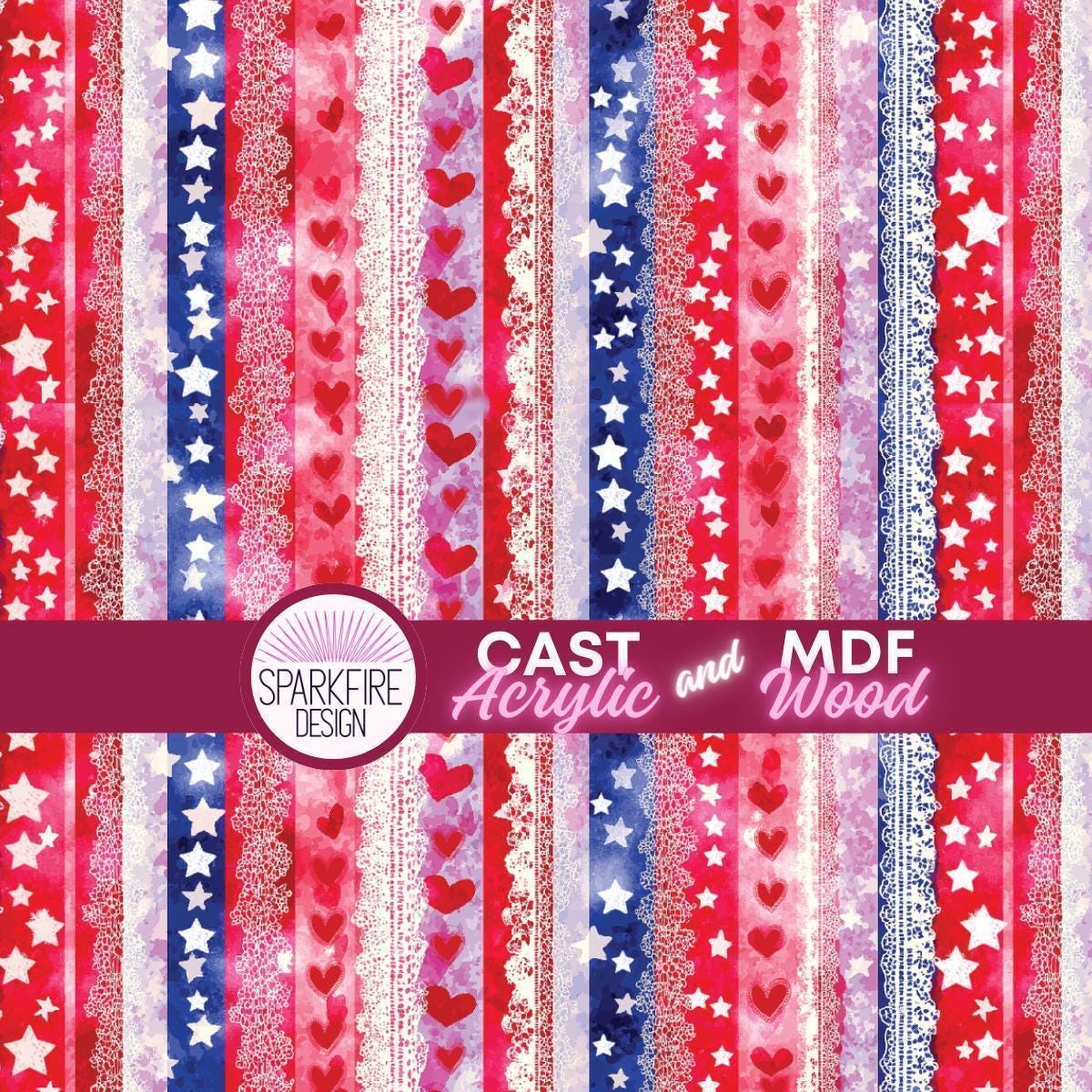 Red, White and Blue Patterned acrylic sheet for laser cutting. The pattern is patriotic, 4th of July, and patriotic.