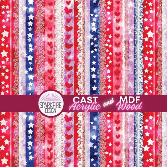 Red, White and Blue Patterned acrylic sheet for laser cutting. The pattern is patriotic, 4th of July, and patriotic.