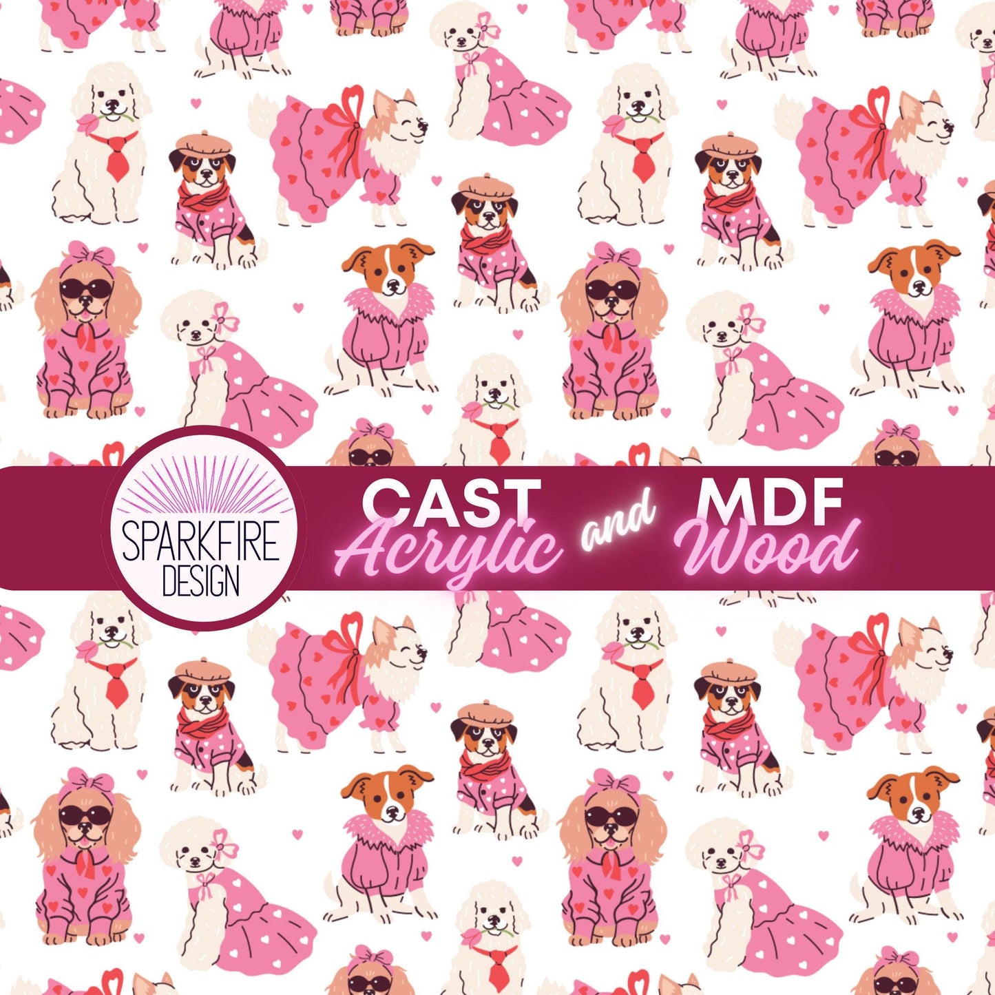 Dogs in Pink Patterned Cast Acrylic, Flex and Wood for Lasers