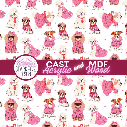 Dogs in Pink Patterned Cast Acrylic, Flex and Wood for Lasers