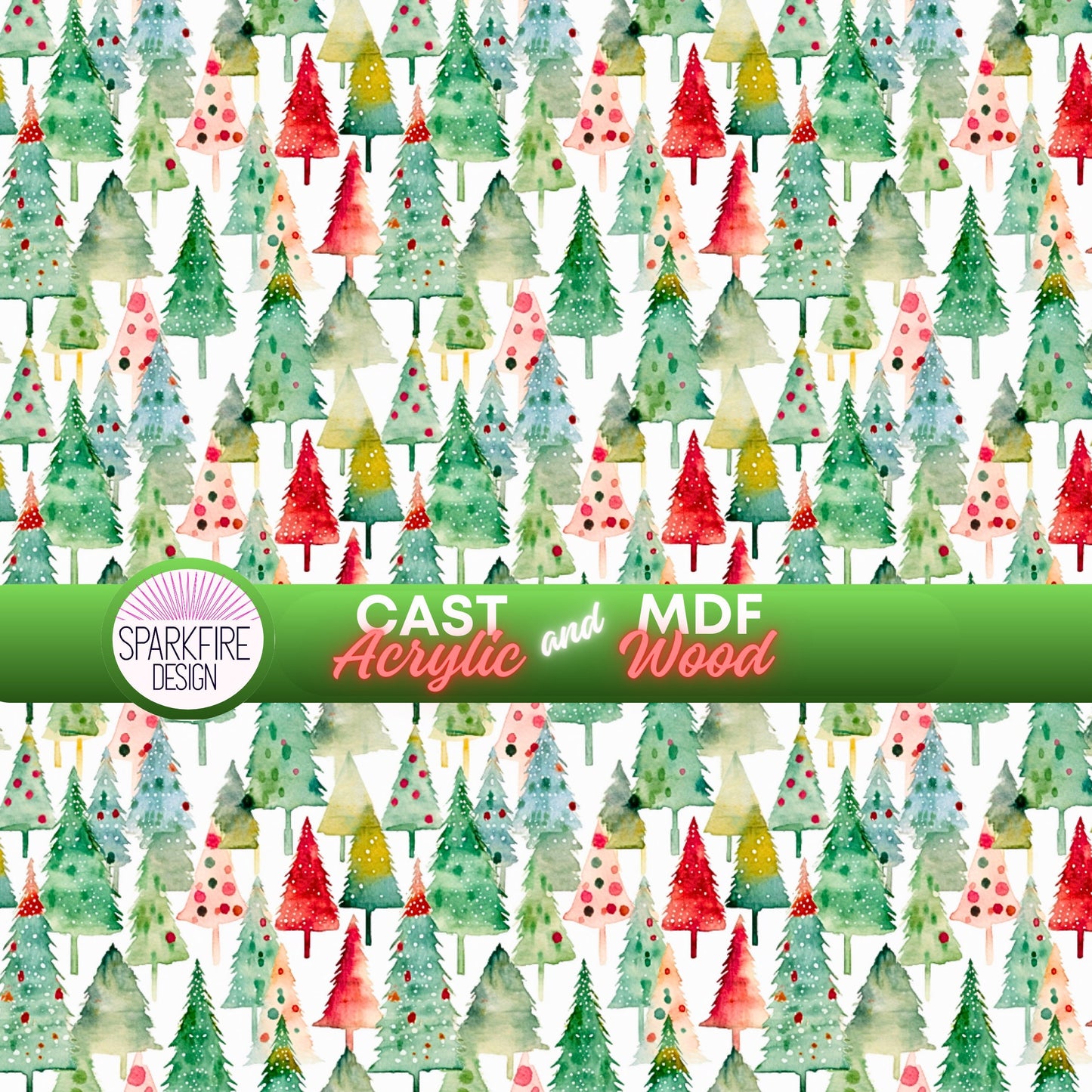 a watercolor christmas tree pattern on a white background