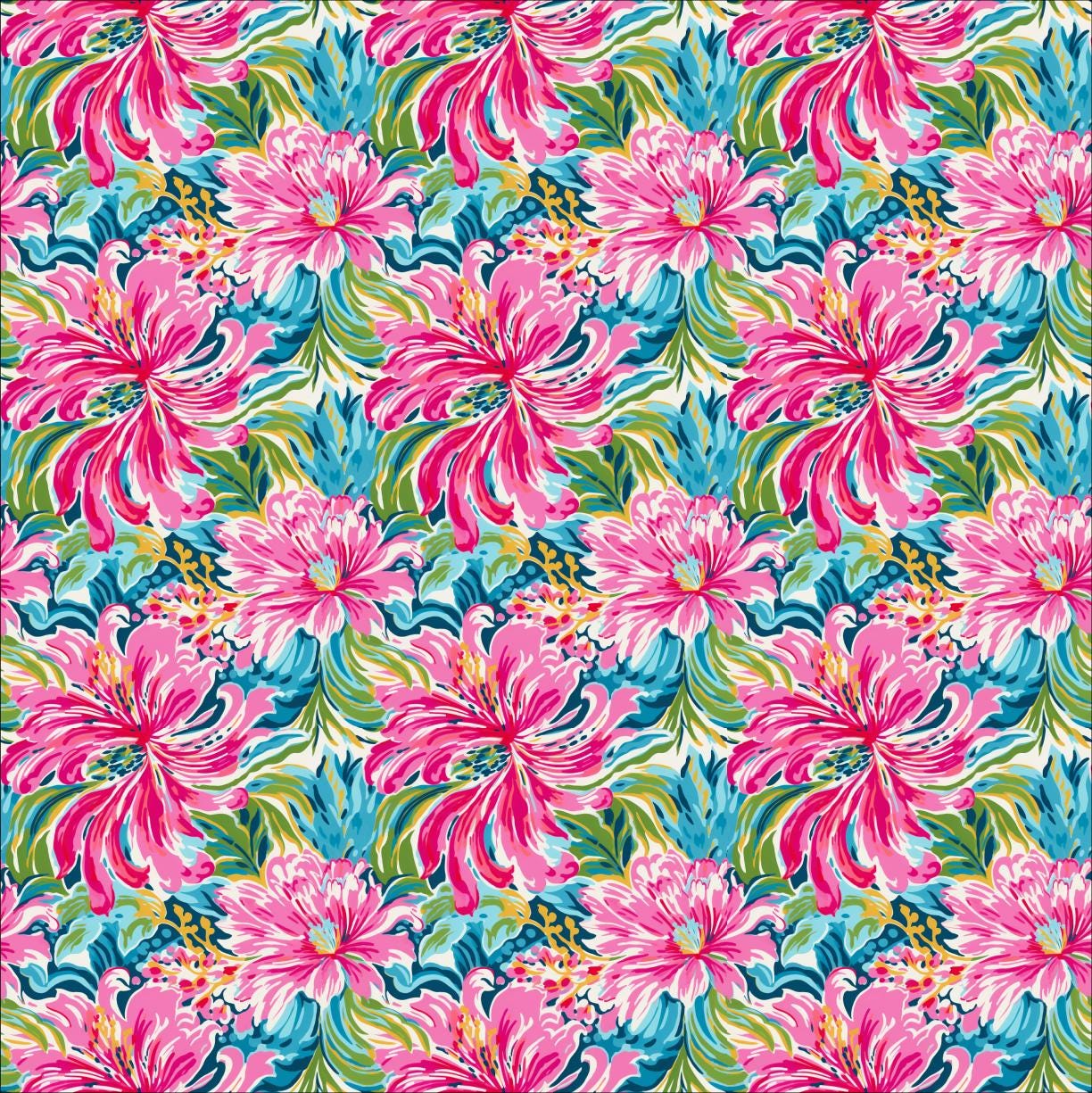 a pink and blue flower pattern on a white background