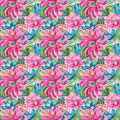 a pink and blue flower pattern on a white background