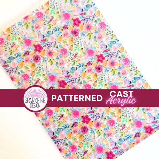 Pink Flower Patterned Acrylic Sheet, Floral Scattered White Acrylic Sheet, UV Printed White Acrylic