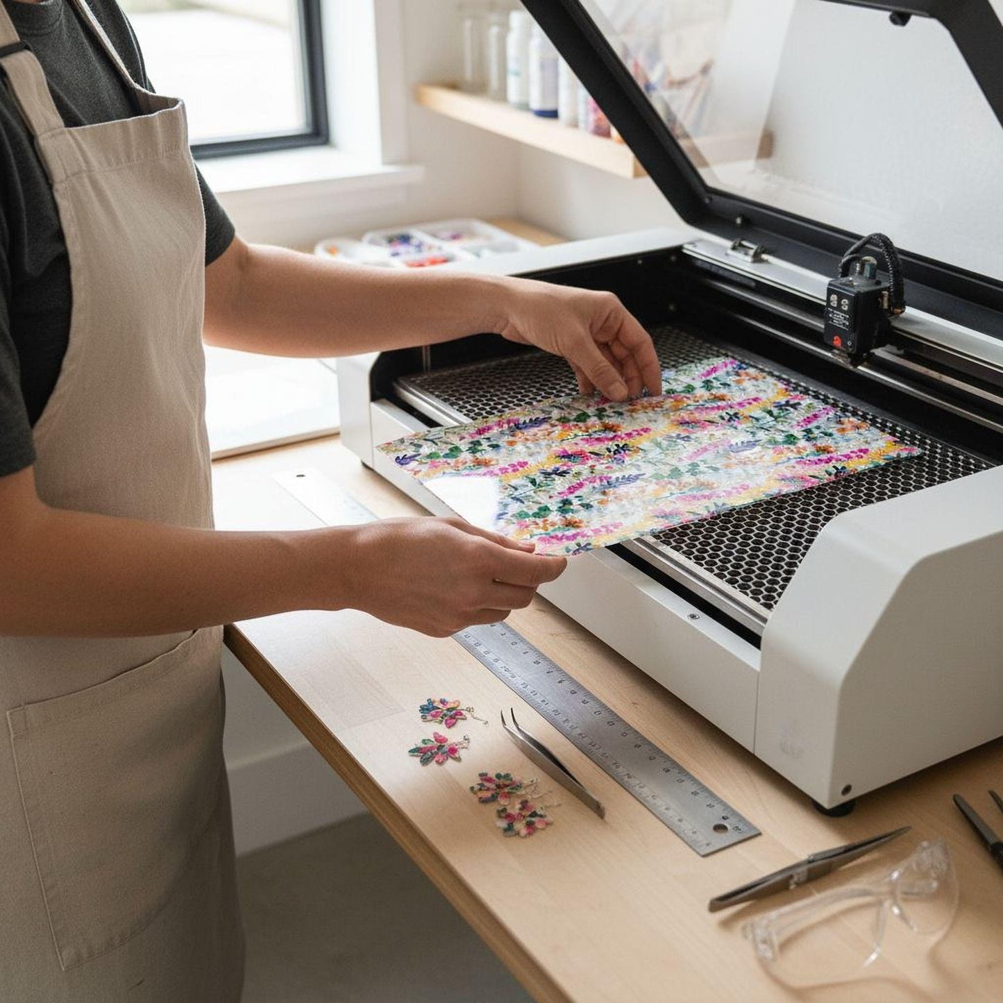 A person is using a laser engraver to create a colorful design on a piece of paper.