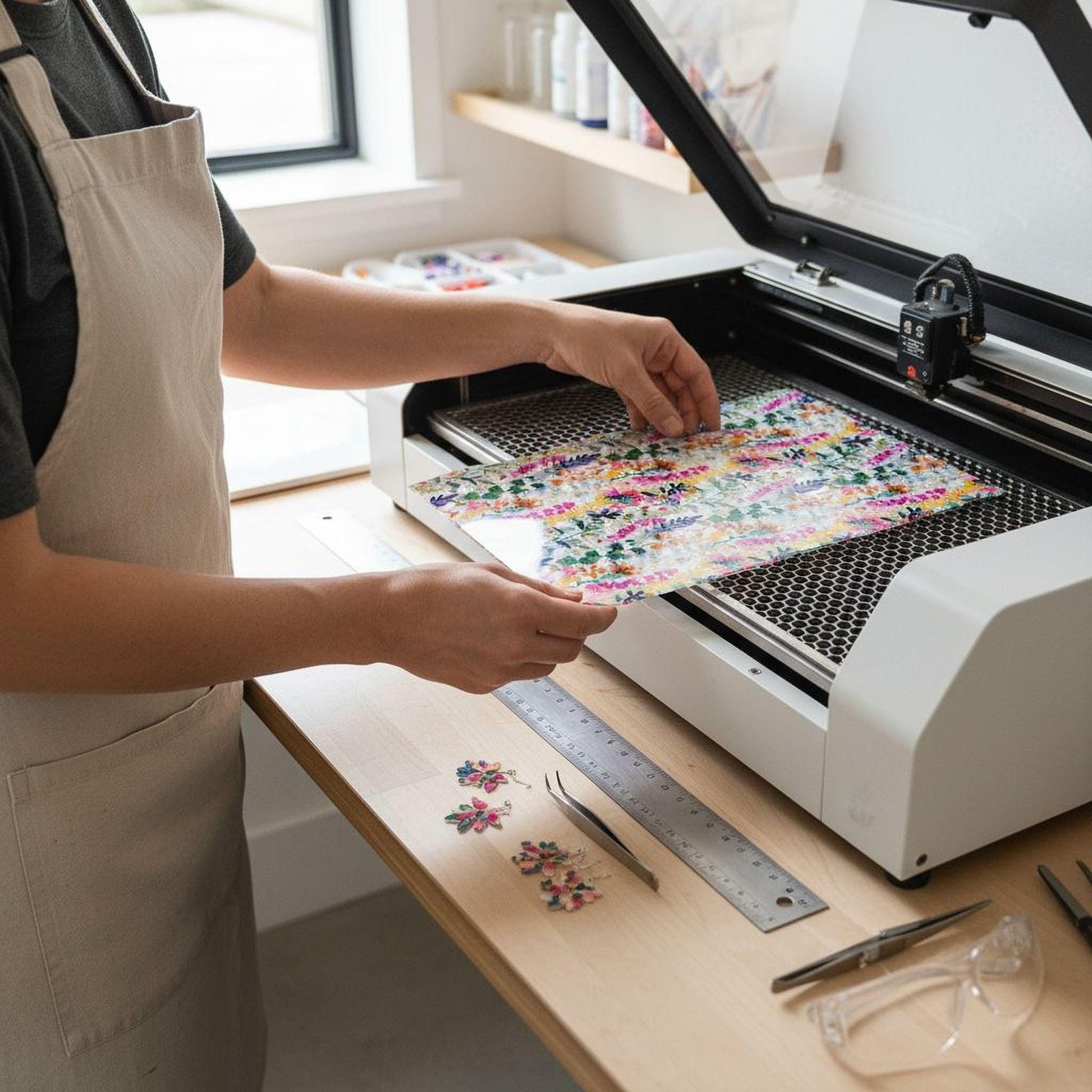 A person is using a laser engraver to create a colorful design on a piece of paper.