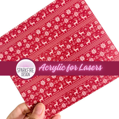 Red Nordic Christmas Acrylic, Sweater Patterned Cast Acrylic for Lasers, Xmas Acrylic, Acrylic for jewelry, Acrylic for Glowforge
