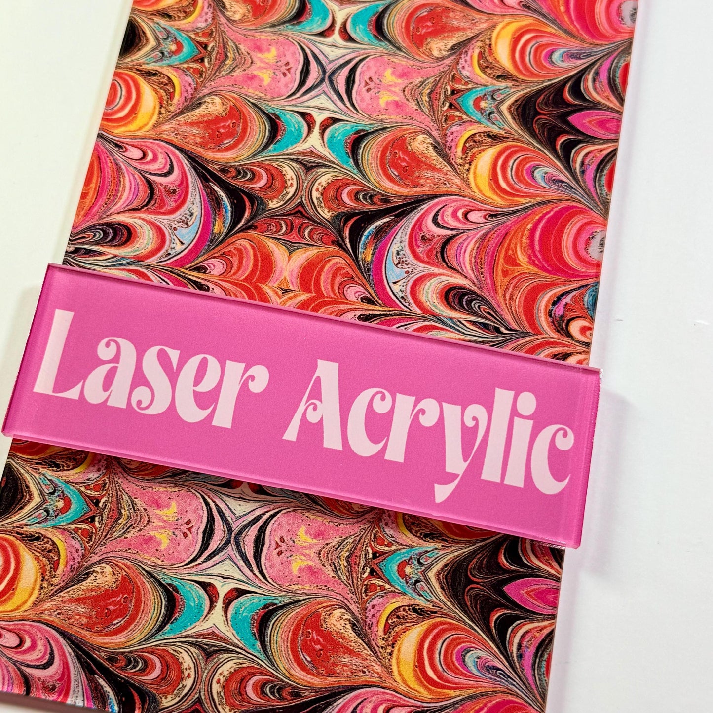 Red and Yellow Swirl Patterned Cast Acrylic, Flex and Wood for Lasers