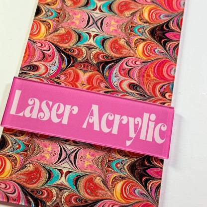 Red and Yellow Swirl Patterned Cast Acrylic, Flex and Wood for Lasers