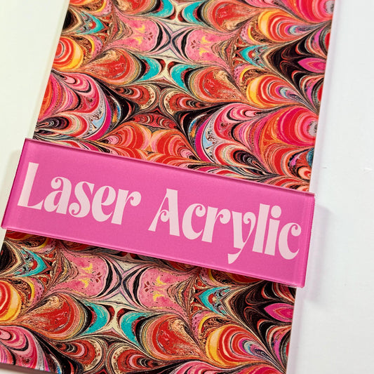 Red and Yellow Swirl Patterned Cast Acrylic, Flex and Wood for Lasers