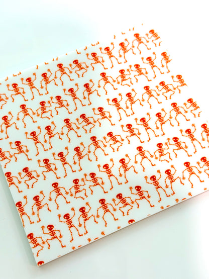 Orange Halloween Skeletons - Dancing Orange Patterned Cast Acrylic, Flex and Wood for Lasers