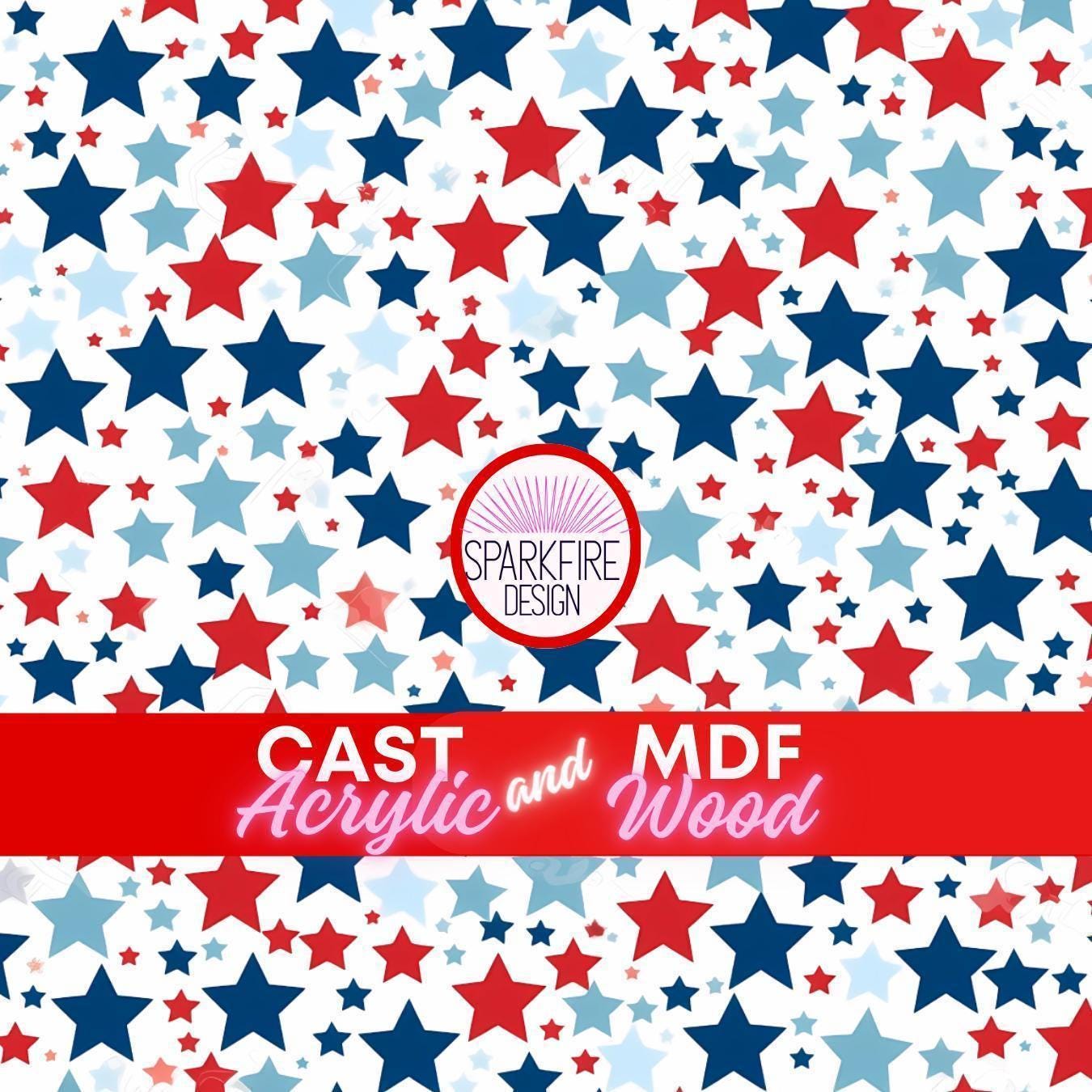 Red, White and Blue Patterned acrylic sheet for laser cutting. The pattern is patriotic, 4th of July, and patriotic.