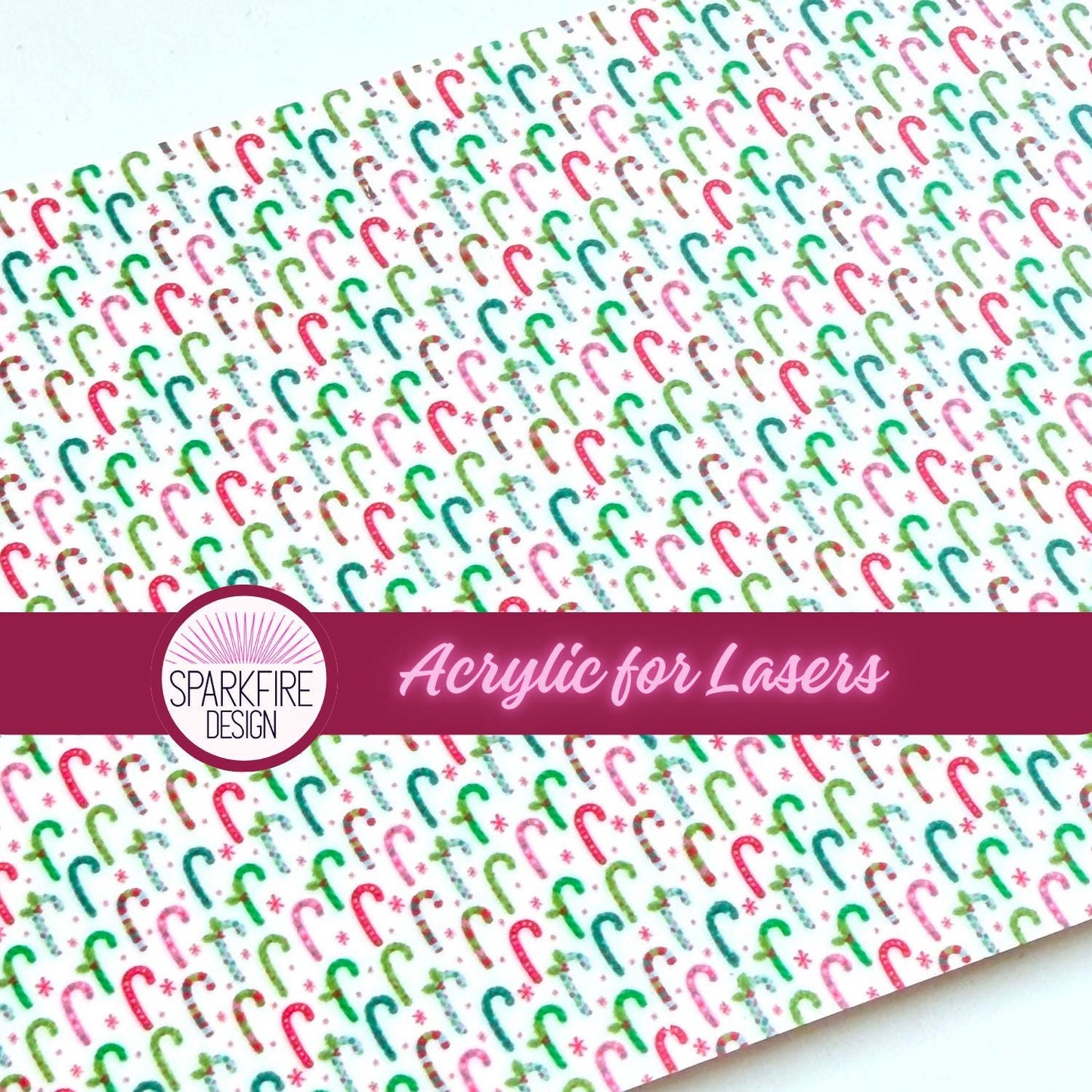 Pink and Green Patterned Cast Acrylic Candy Cane -Holiday