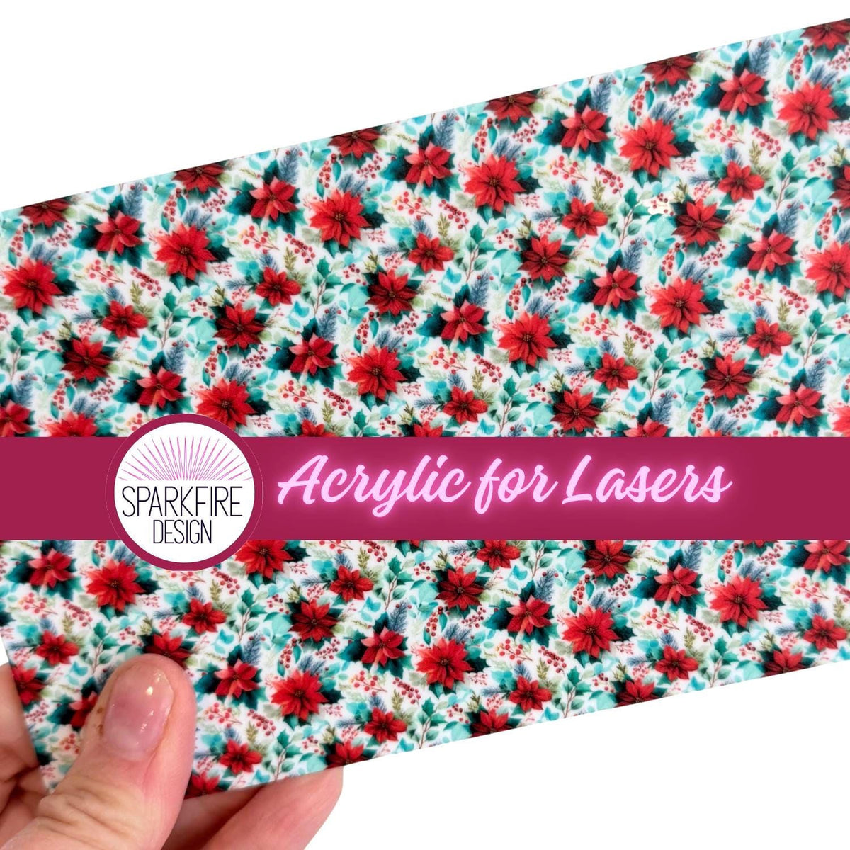 Poinsettia Patterned Cast Acrylic Sheet, Laser Cuttable Christmas Acrylic (6x4 inch)