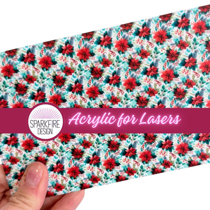 Poinsettia Patterned Cast Acrylic Sheet, Laser Cuttable Christmas Acrylic (6x4 inch)
