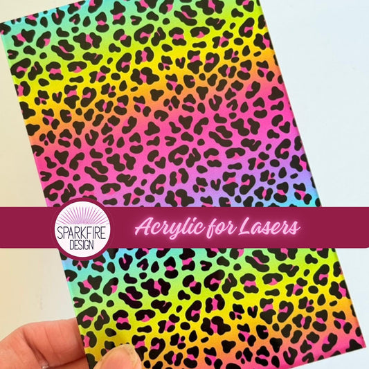 Patterned Acrylic Sheet - Rainbow Leopard UV Printed Clear Core Acrylic for Laser Cutting Patterned Cast Acrylic, Flex and Wood for Lasers