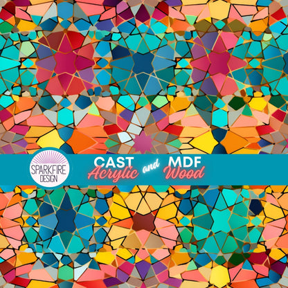 Rainbow Mosaic Patterned Cast Acrylic, Flex and Wood for Lasers