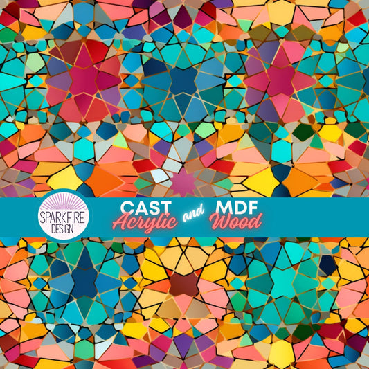 Rainbow Mosaic Patterned Cast Acrylic, Flex and Wood for Lasers