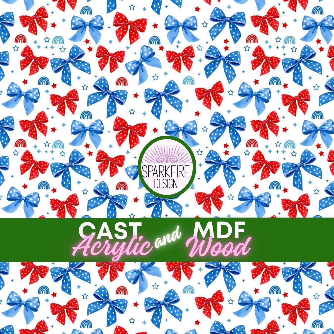 Red, White and Blue Bow Preppy Patterned acrylic sheet for laser cutting. The pattern is patriotic, 4th of July, and patriotic.