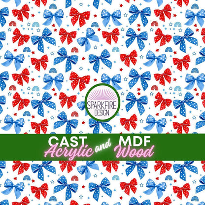 Red, White and Blue Bow Preppy Patterned acrylic sheet for laser cutting. The pattern is patriotic, 4th of July, and patriotic.