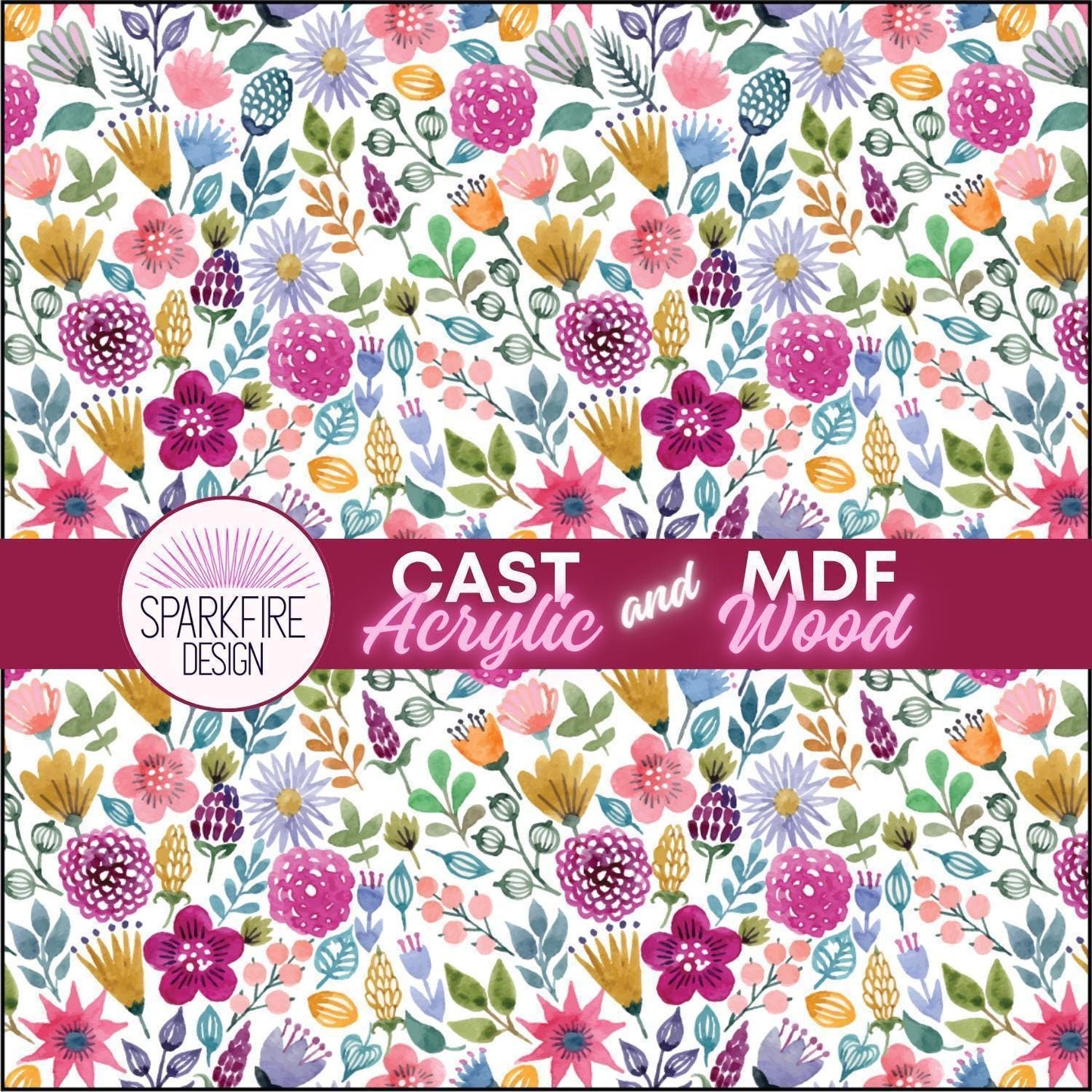 Watercolor Flowers Patterned Cast Acrylic, Flex and Wood for Lasers