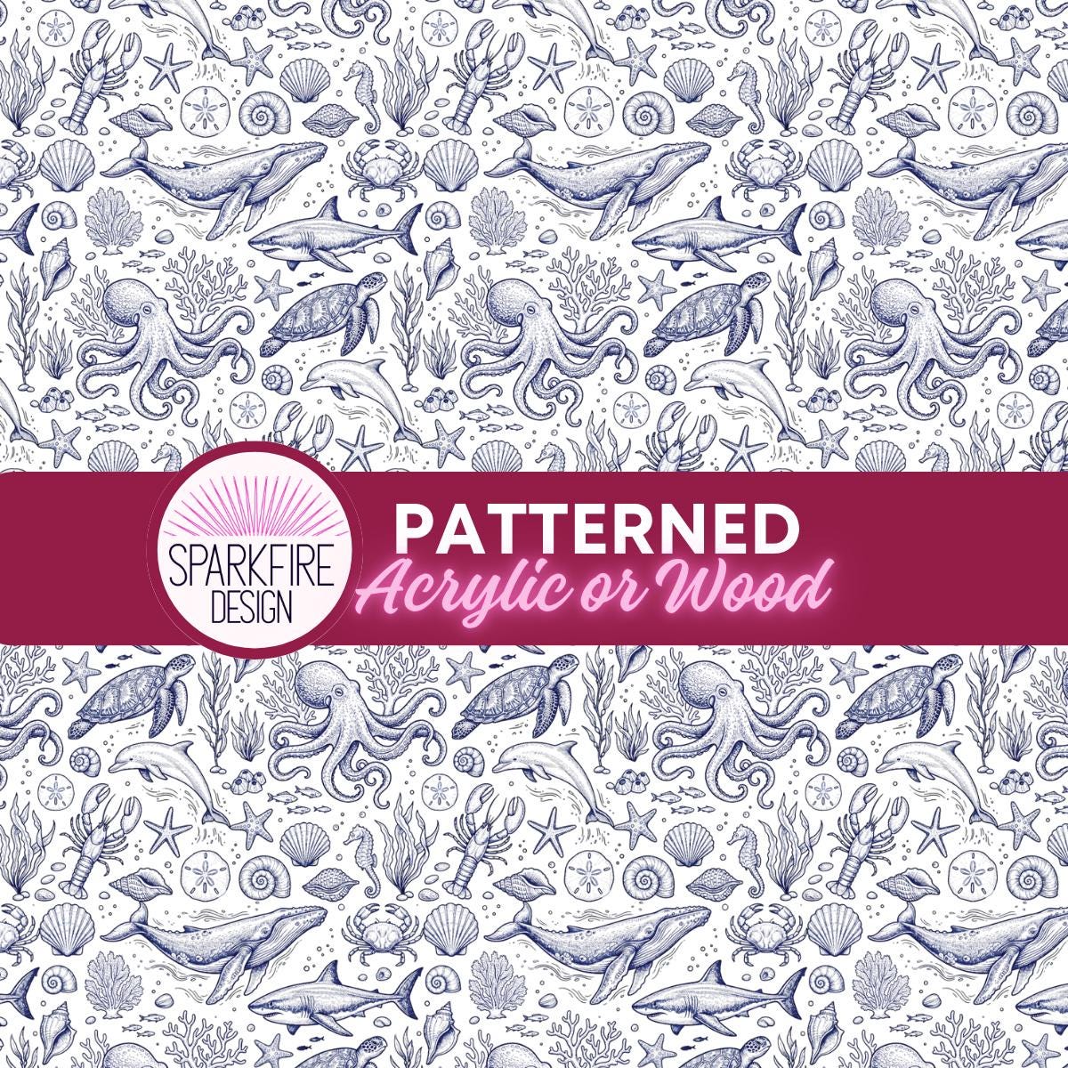 a repeating pattern of various marine life elements, including fish, octopuses, and other sea creatures, all rendered in a detailed, hand-drawn style. The pattern is predominantly blue and white, with accents of red and green, creating a visually striking and intricate design. The text "PATTERNED Acrylic or Wood" is prominently displayed in the center of the image, indicating the type of material or medium used in the artwork.