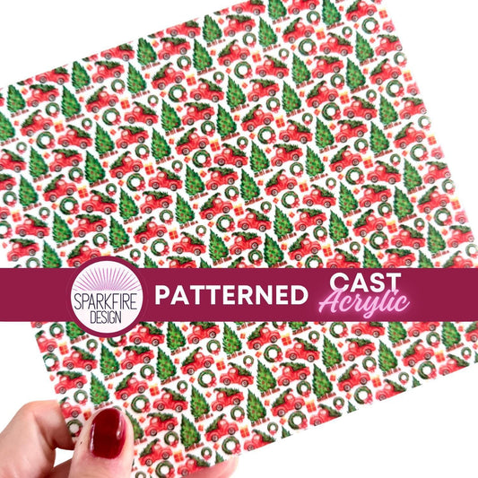 Red Truck Christmas Acrylic, Christmas Patterned Cast Acrylic for Lasers, Xmas Acrylic, Acrylic for jewelry, Acrylic for Glowforge