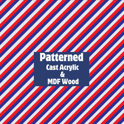 Red, White and Blue Striped Patterned acrylic sheet for laser cutting. The pattern is patriotic, 4th of July, and patriotic.