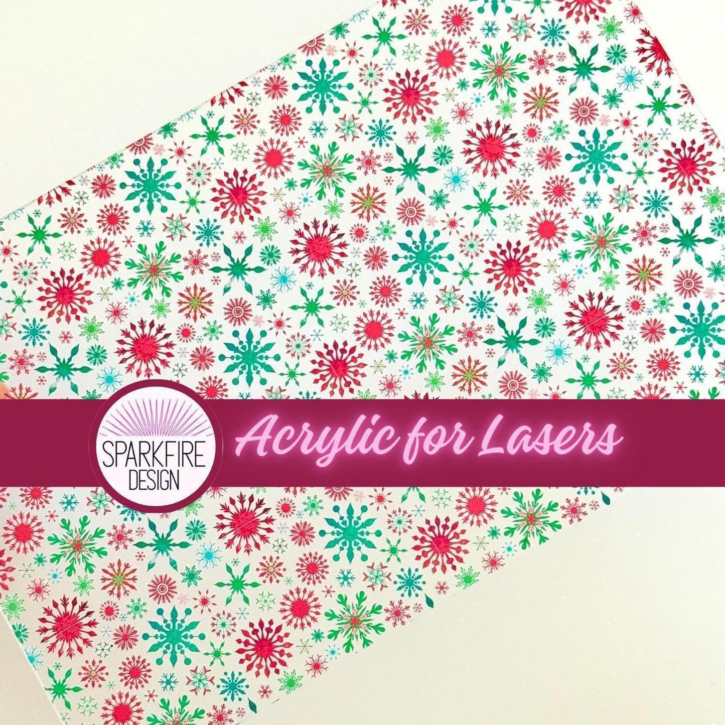 Red and Green Christmas Snowflake Acrylic Sheet – Red Green Snowflake Design | Patterned Cast Acrylic & Wood for Christmas