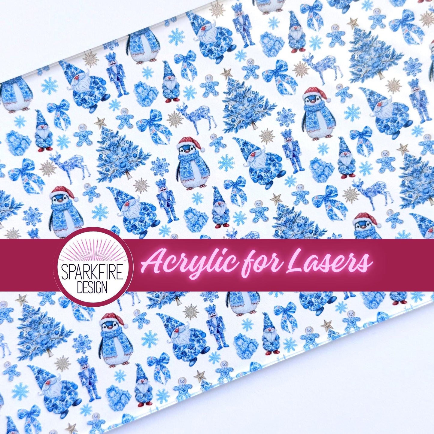Blue Christmas Patterned Cast Acrylic - Blue Christmas Gnome Design | Laser Cut Acrylic Material