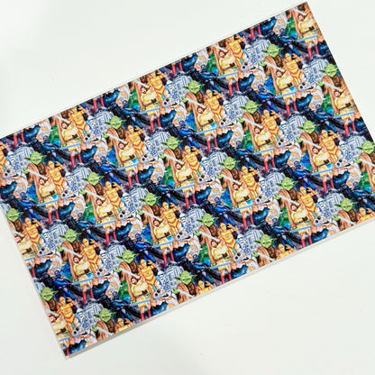 The image is a repeating pattern of various colorful and stylized figures, including people, animals, and abstract shapes, arranged in a diagonal pattern.