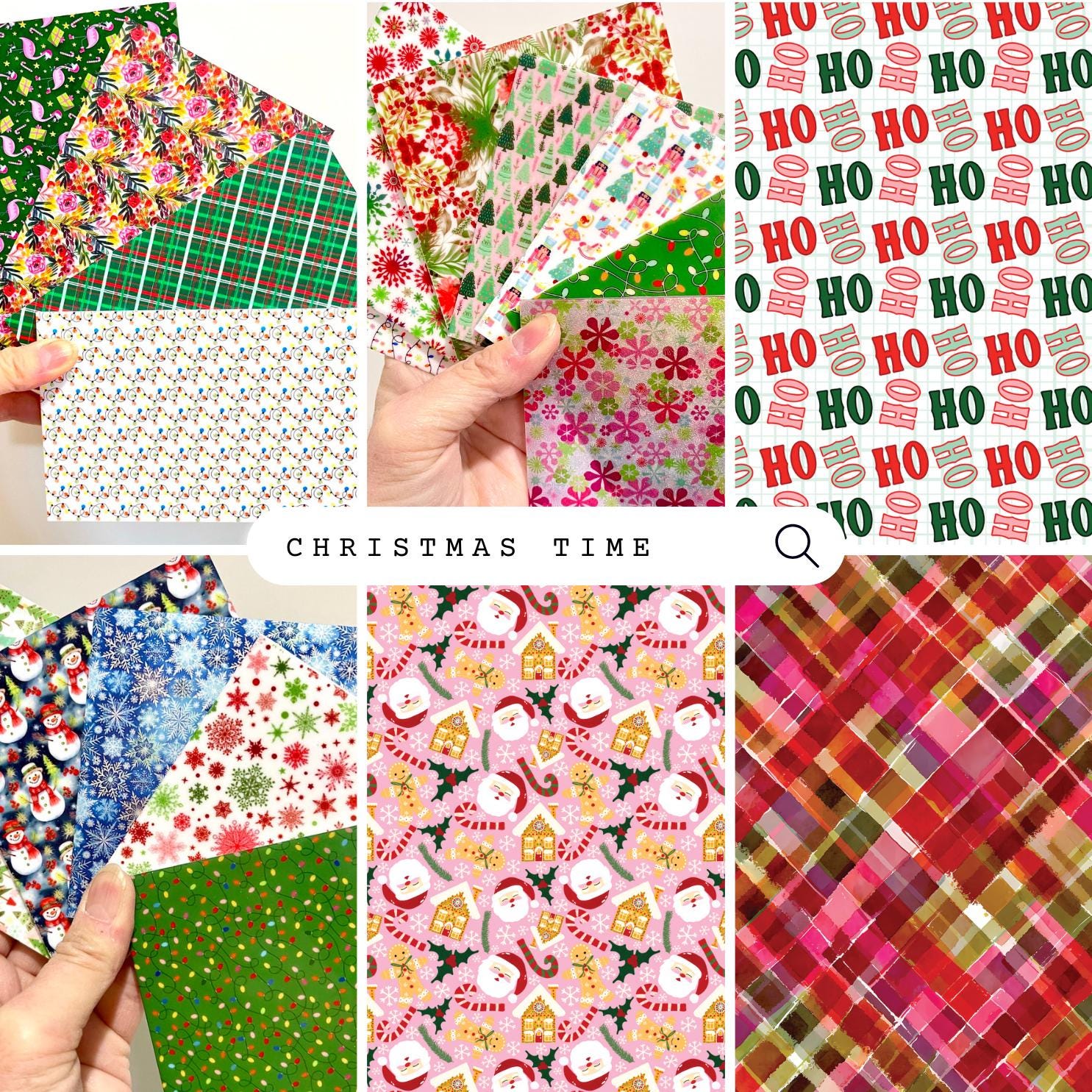 The image is a collage of various Christmas-themed patterns and designs, including a hand holding a collection of colorful and festive paper or fabric items.