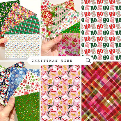 The image is a collage of various Christmas-themed patterns and designs, including a hand holding a collection of colorful and festive paper or fabric items.