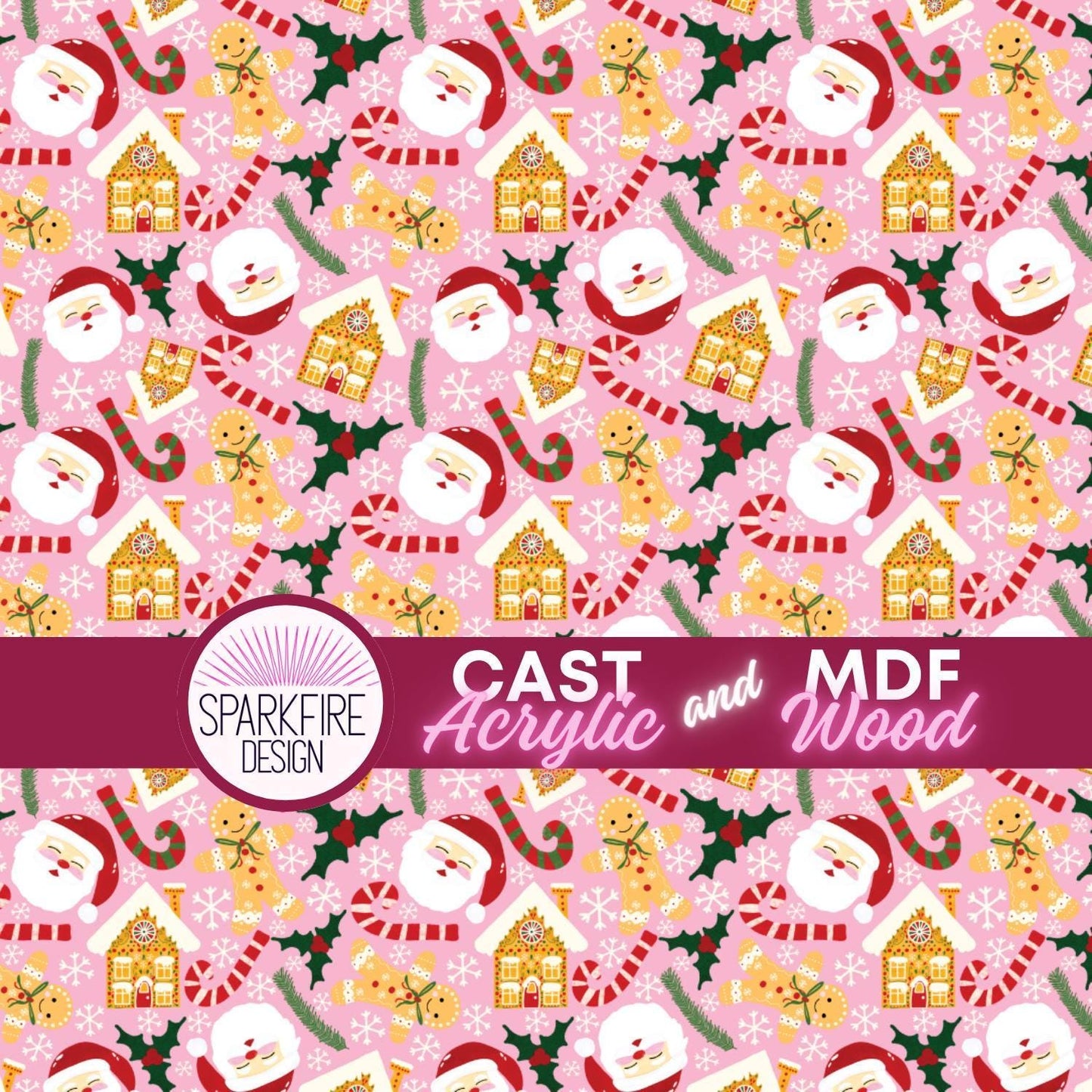 Santa Christmas Patterned Acrylic | Pink Santa Gingerbread Sheet for Laser Cutting