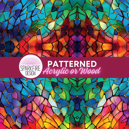 Rainbow Stained Glass Patterned Cast Acrylic, Flex and Wood for Lasers