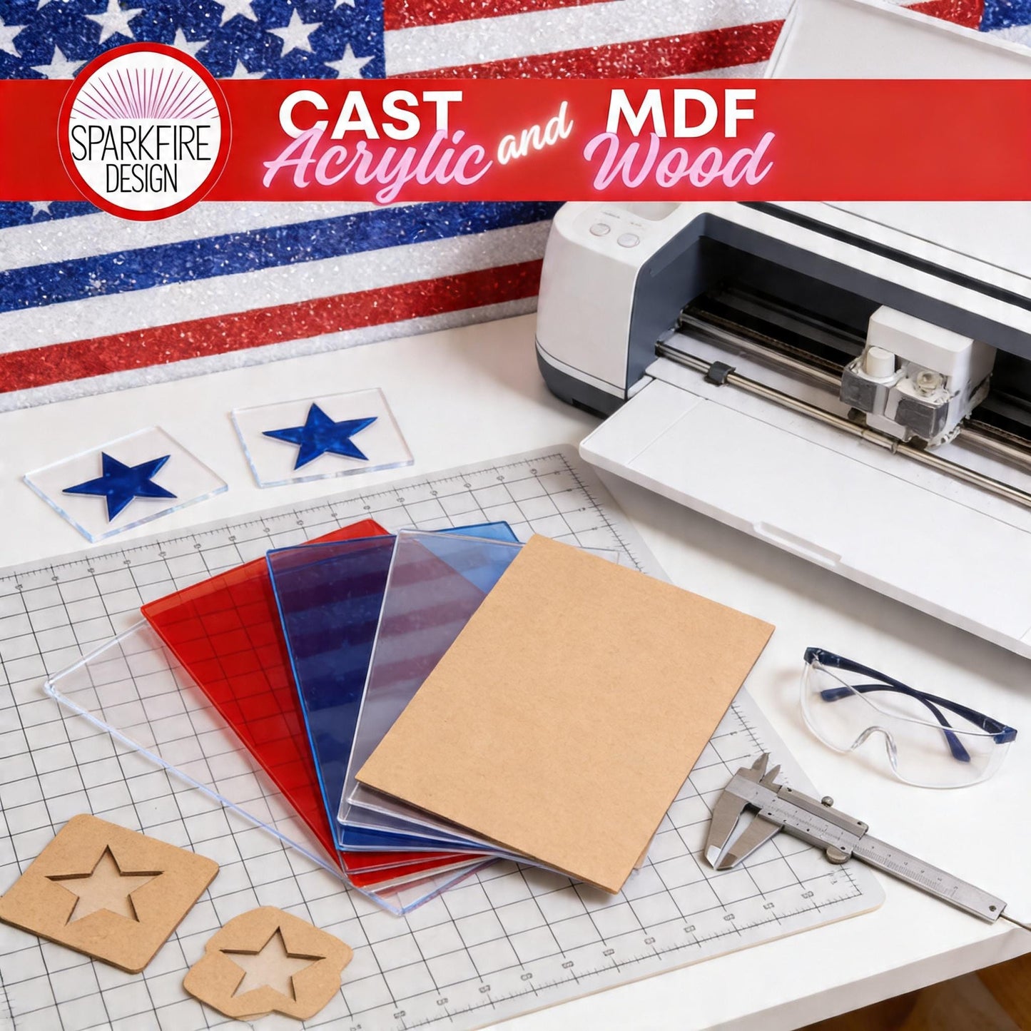 a variety of crafting supplies, including a printer, star-shaped cutouts, and other materials, arranged on a table.