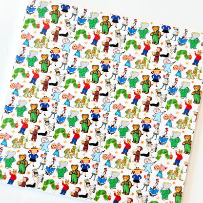 The image is a repeating pattern of various cartoon characters and animals, including a caterpillar, teddy bears, and other whimsical figures, all set against a white background.