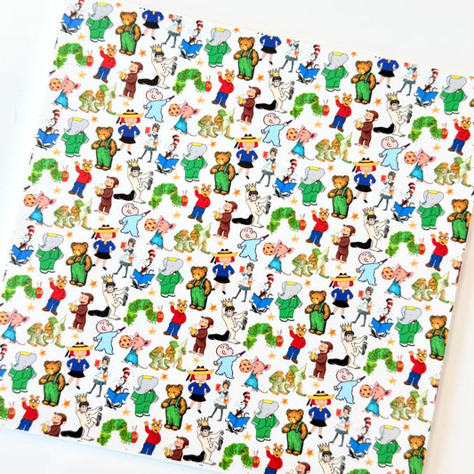 The image is a repeating pattern of various cartoon characters and animals, including a caterpillar, teddy bears, and other whimsical figures, all set against a white background.