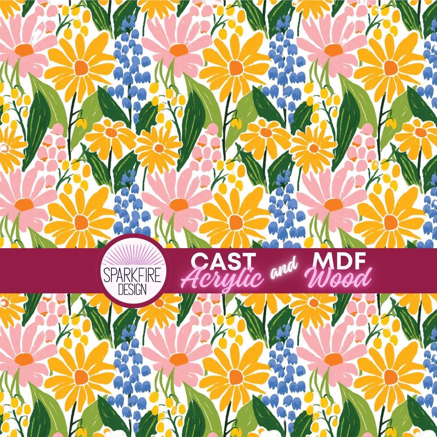 Yellow Floral Flower patterned acrylic for laser cutting. Cast acrylic sheet for lasers.