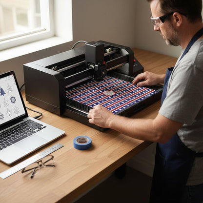 A man is working on a computer, using a machine that appears to be a 3D printer. He is focused on the task at hand, which involves handling a piece of paper with a patterned design.