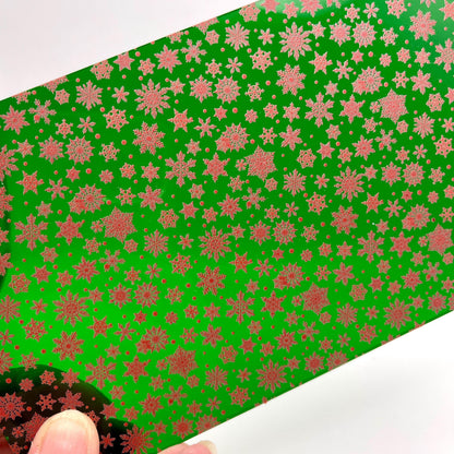 Red Snowflakes on Transparent Green Acrylic  for Lasers, Patterned Acrylic, Acrylic for Jewelry and Cup Toppers