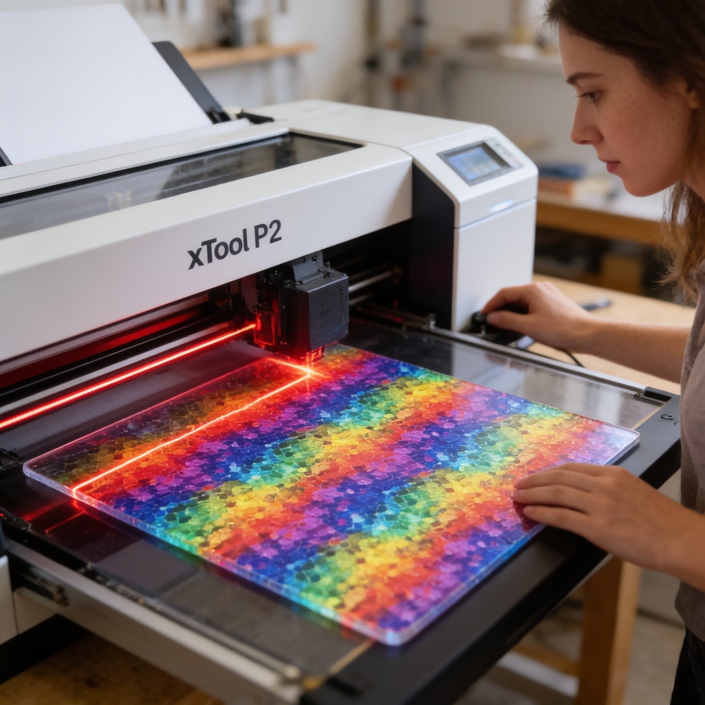 A woman is using a 3D printer to create a colorful, patterned object.