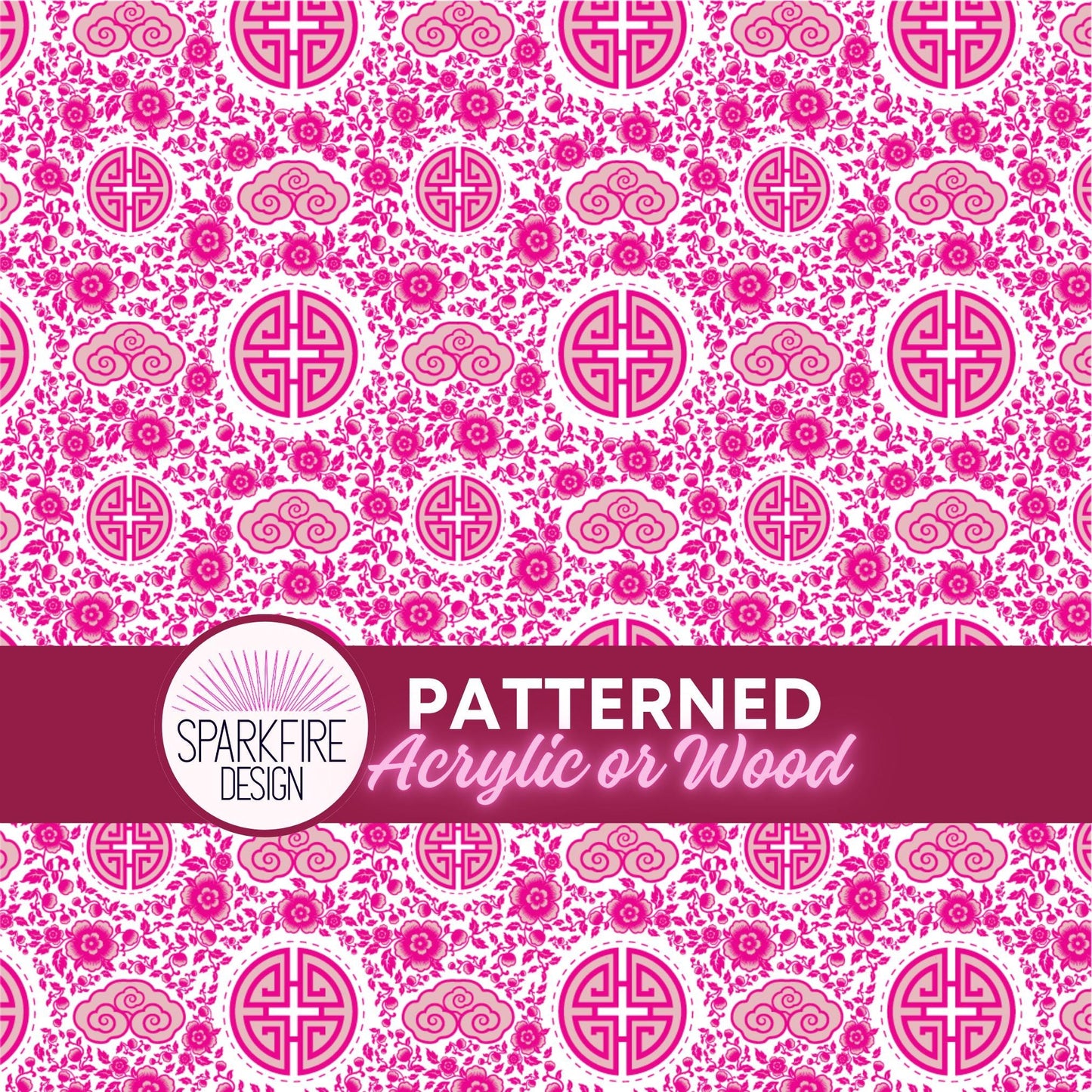 Pink Chinoiserie Patterned Cast Acrylic, Flex and Wood for Lasers