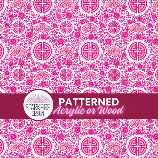 Pink Chinoiserie Patterned Cast Acrylic, Flex and Wood for Lasers