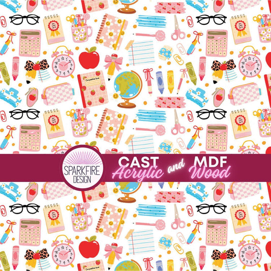 Back to School, Teachers, School Supplies Patterned Cast Acrylic, Flex and Wood for Lasers